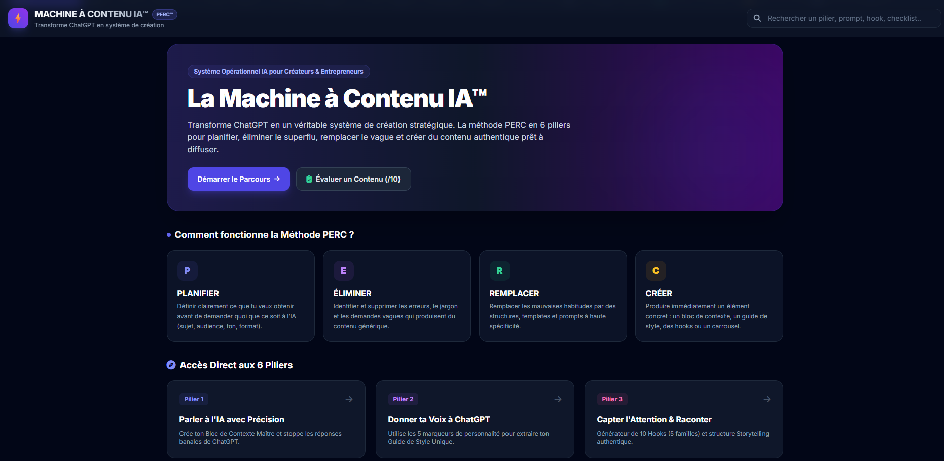 Aperçu de l'application La Machine à Contenu IA, méthode PERC en 6 piliers